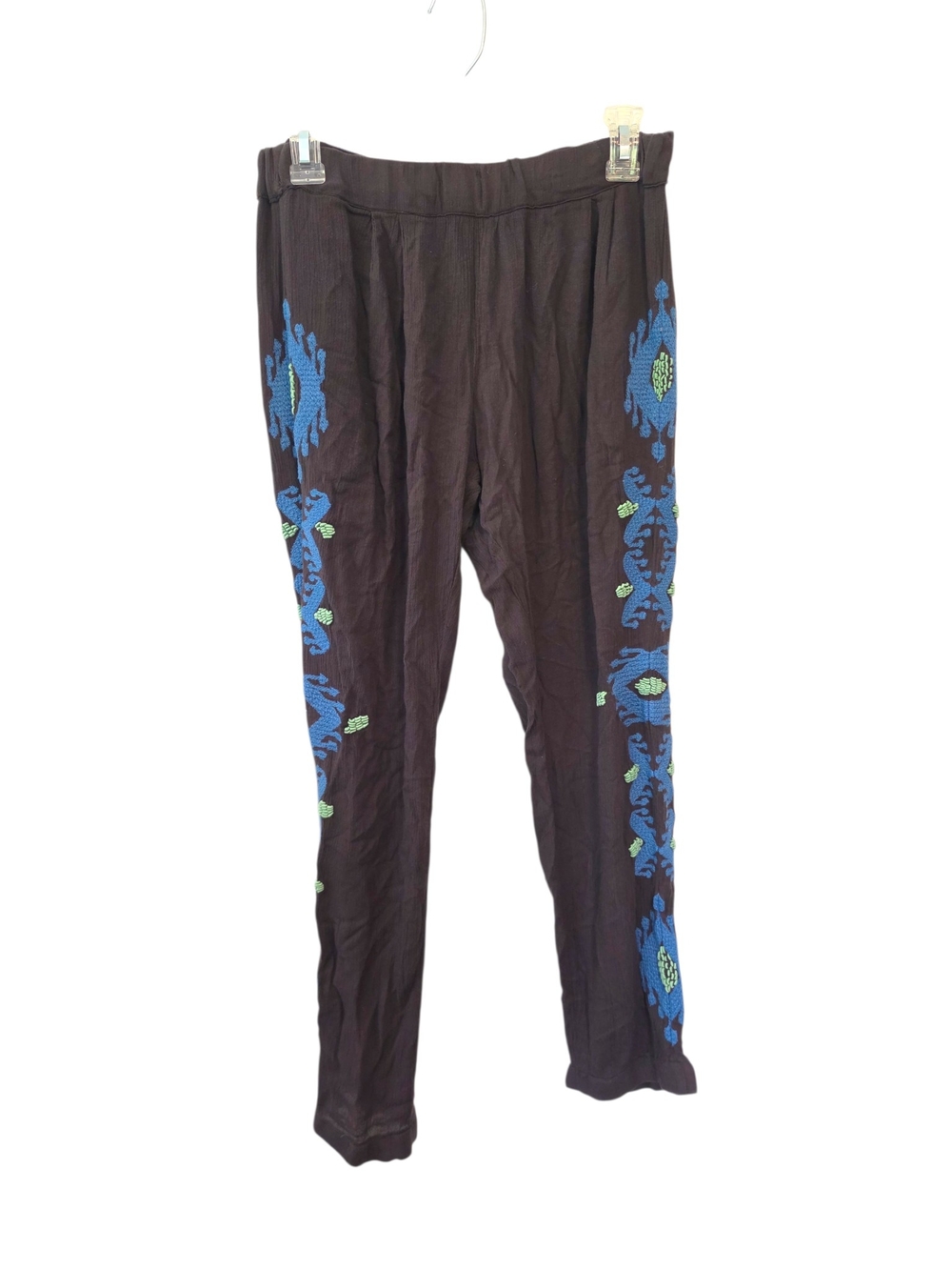 Free People Gray Embroidered Boho Pants - Blue & Lime Accents Size Small